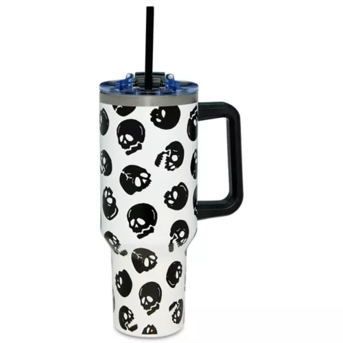 Black and White Glow in the Dark Skull Print Travel Tumbler with Straw - 40 oz.