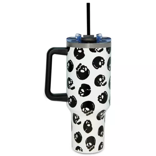 Black and White Glow in the Dark Skull Print Travel Tumbler with Straw - 40 oz.