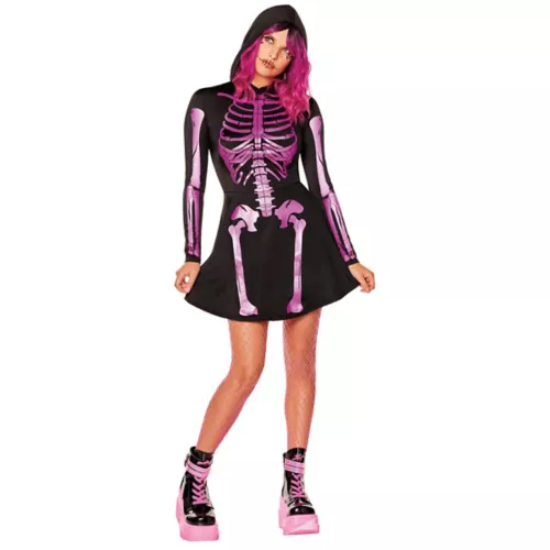 Adult Neon Pink Skeleton Hooded Dress 3 Adult Neon Pink Skeleton Hooded Dress
