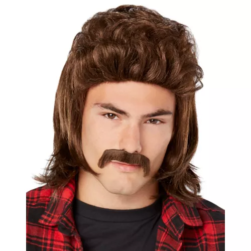 Brown Mullet Wig With Mustache