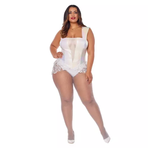 White Faux Leather Lace Plus Size Bodysuit